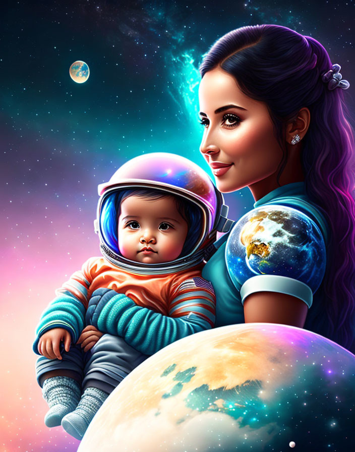 Digital artwork: Woman and child in space helmet, cosmic backdrop with stars and planets