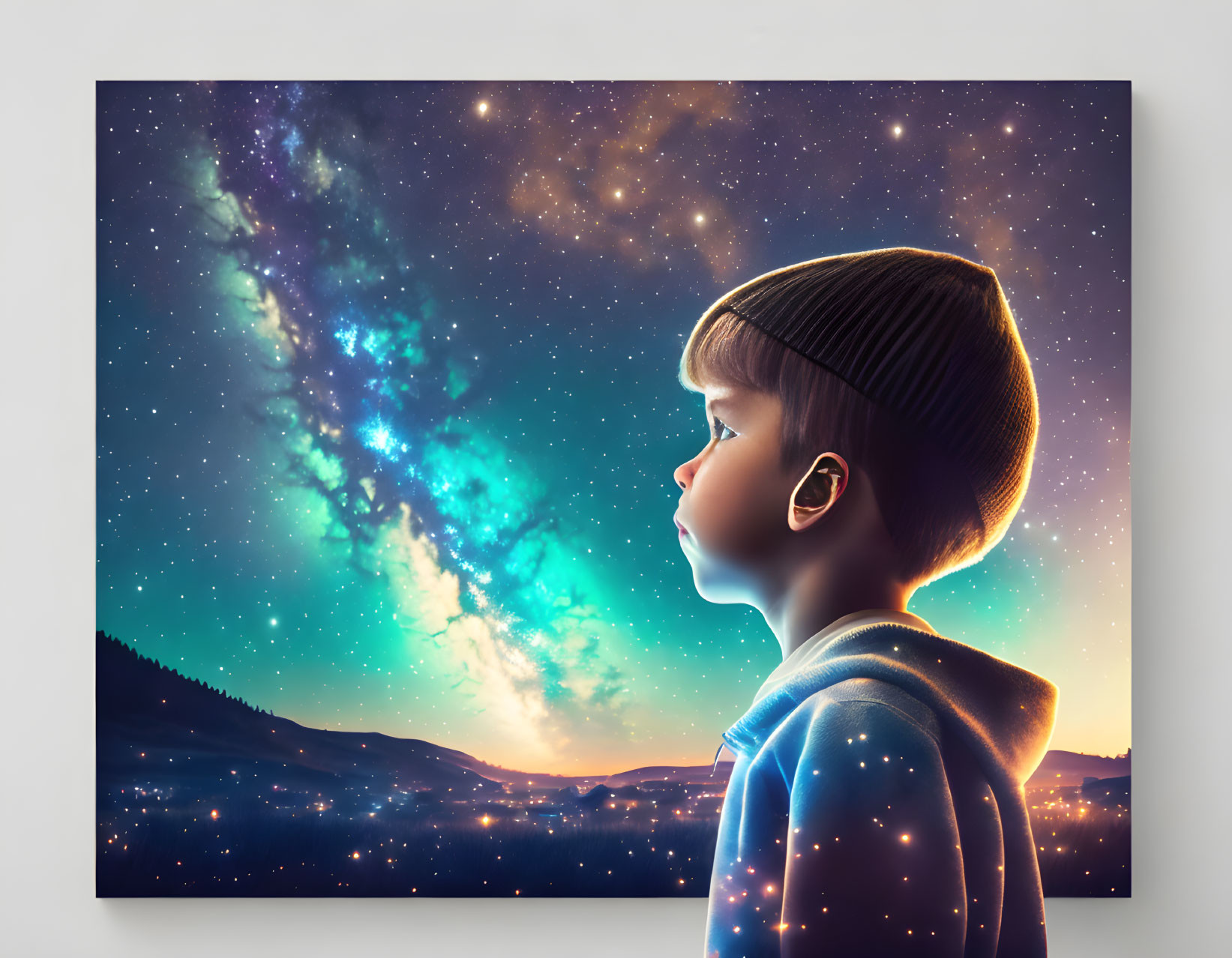 Child admires starry sky blending into cosmic nebula over hills in surreal artwork