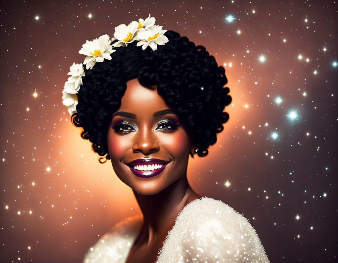 Smiling woman with curly hair and white flowers on sparkly brown backdrop