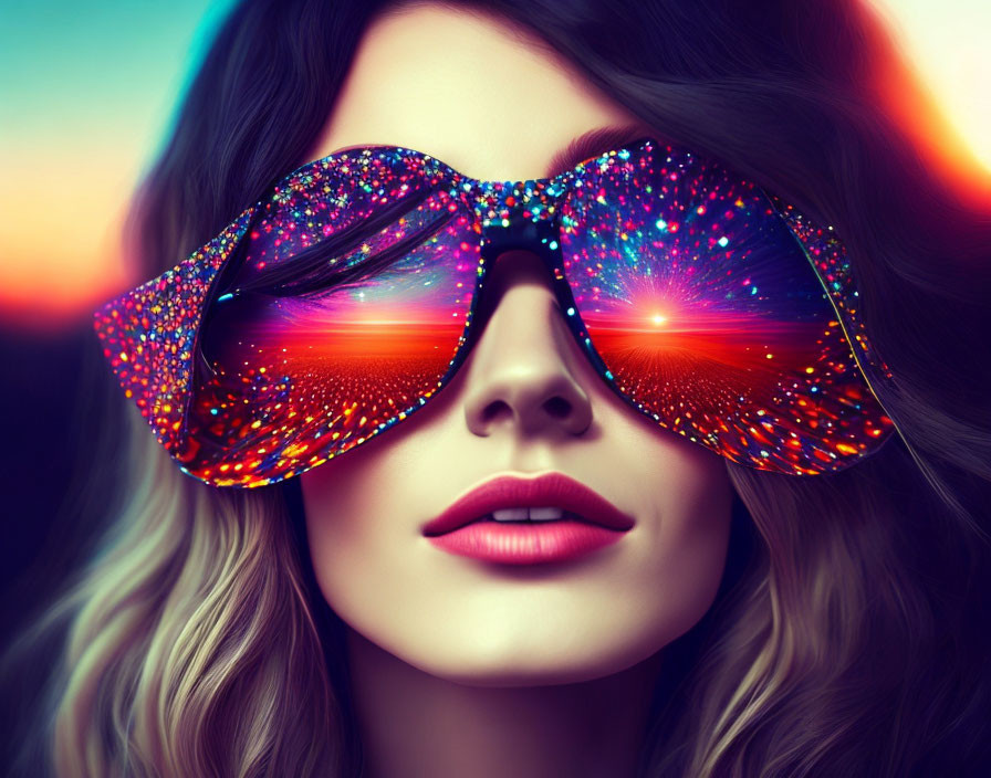 Woman in Large Sparkly Sunglasses Reflecting Vivid Sunset