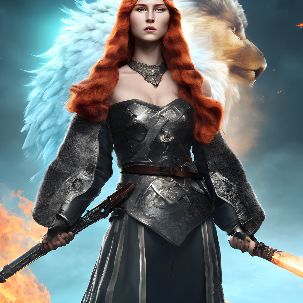 Fantasy warrior woman with red hair, angel wings, and flaming sword next to lion spirit in fiery