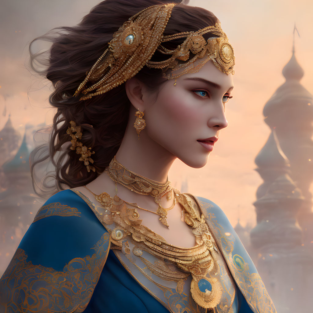 Digital portrait of woman in golden headdress and jewelry, blue and gold attire, with spires background