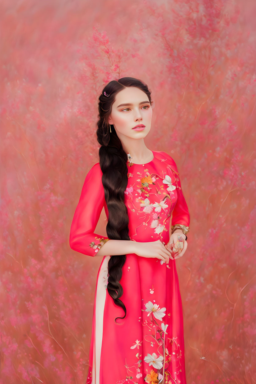 Woman in Red Floral Dress Against Pink Floral Background