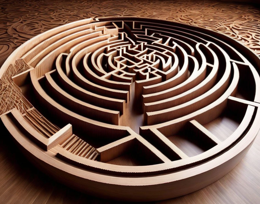 Circular Patterned Wooden Labyrinth on Dark Background