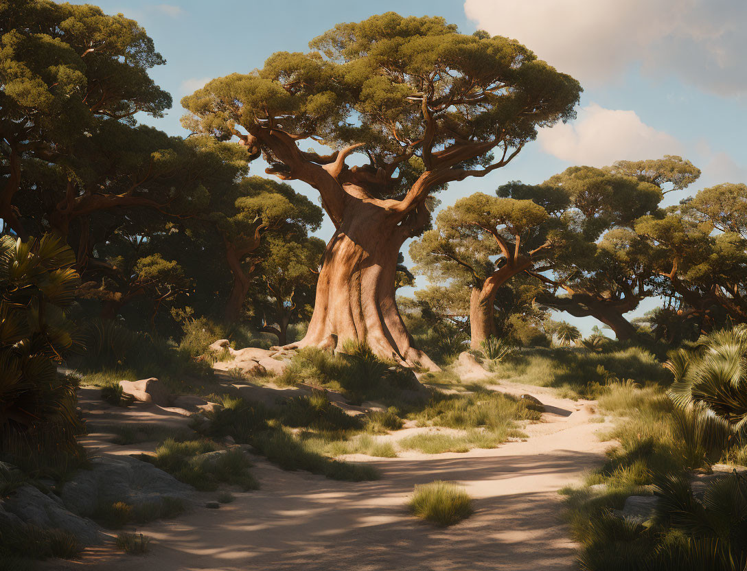 Tranquil forest scene with towering trees and sandy path