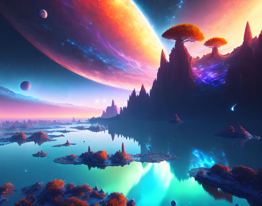 Sci-fi landscape with giant planet, glowing flora, bioluminescent water