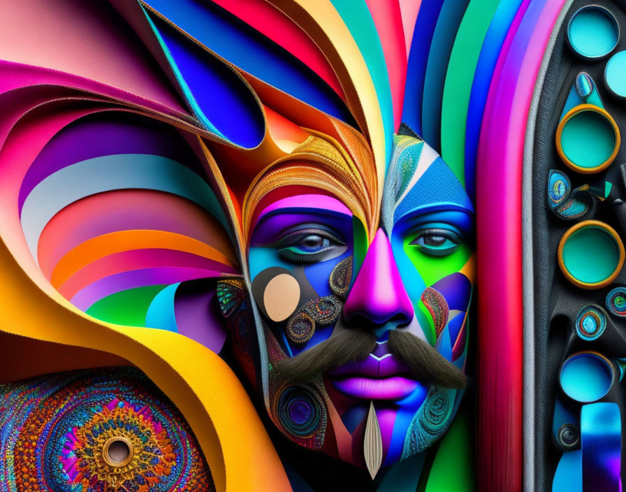 Vibrant digital artwork: stylized face, abstract elements, vibrant colors.