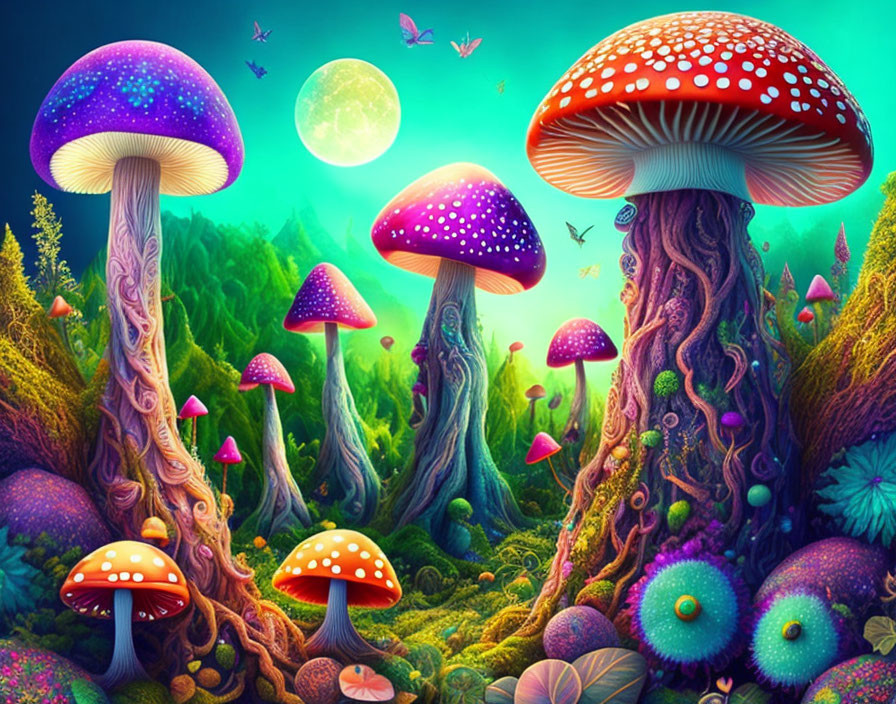 Colorful Fantasy Landscape with Oversized Mushrooms and Moonlit Sky