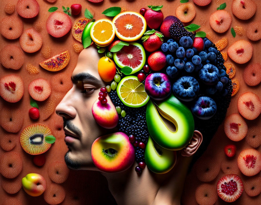 Colorful surreal portrait blending man's face with fruits on fruit-patterned background