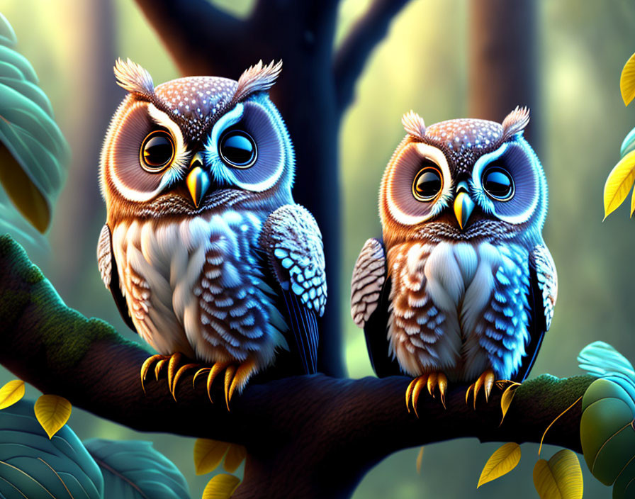 Stylized cartoonish owls perched on branch in forest landscape