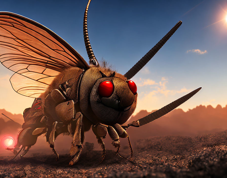 Stylized bee close-up against dramatic sunset sky