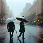 Urban street scene: Two people with umbrellas in foggy city ambiance