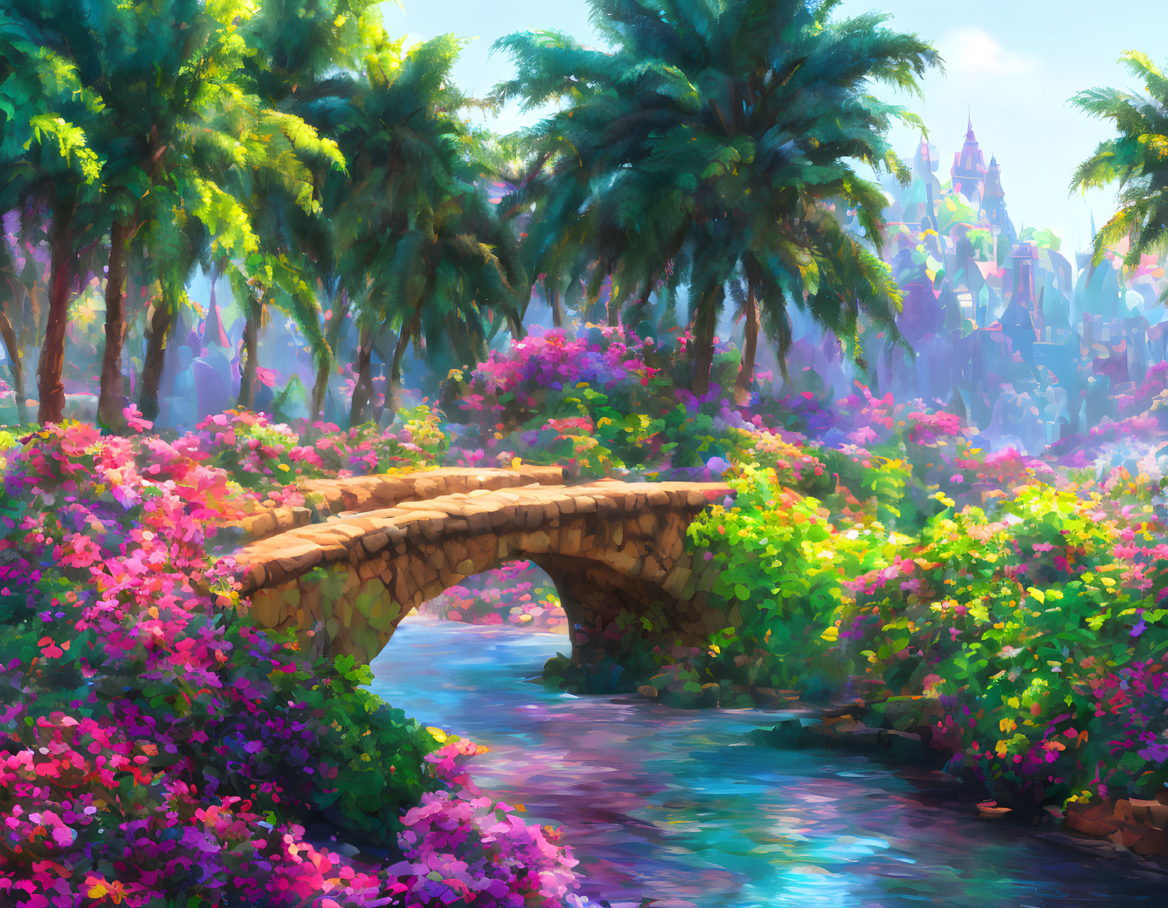 Fantasy landscape with stone bridge, stream, castle, and lush flora