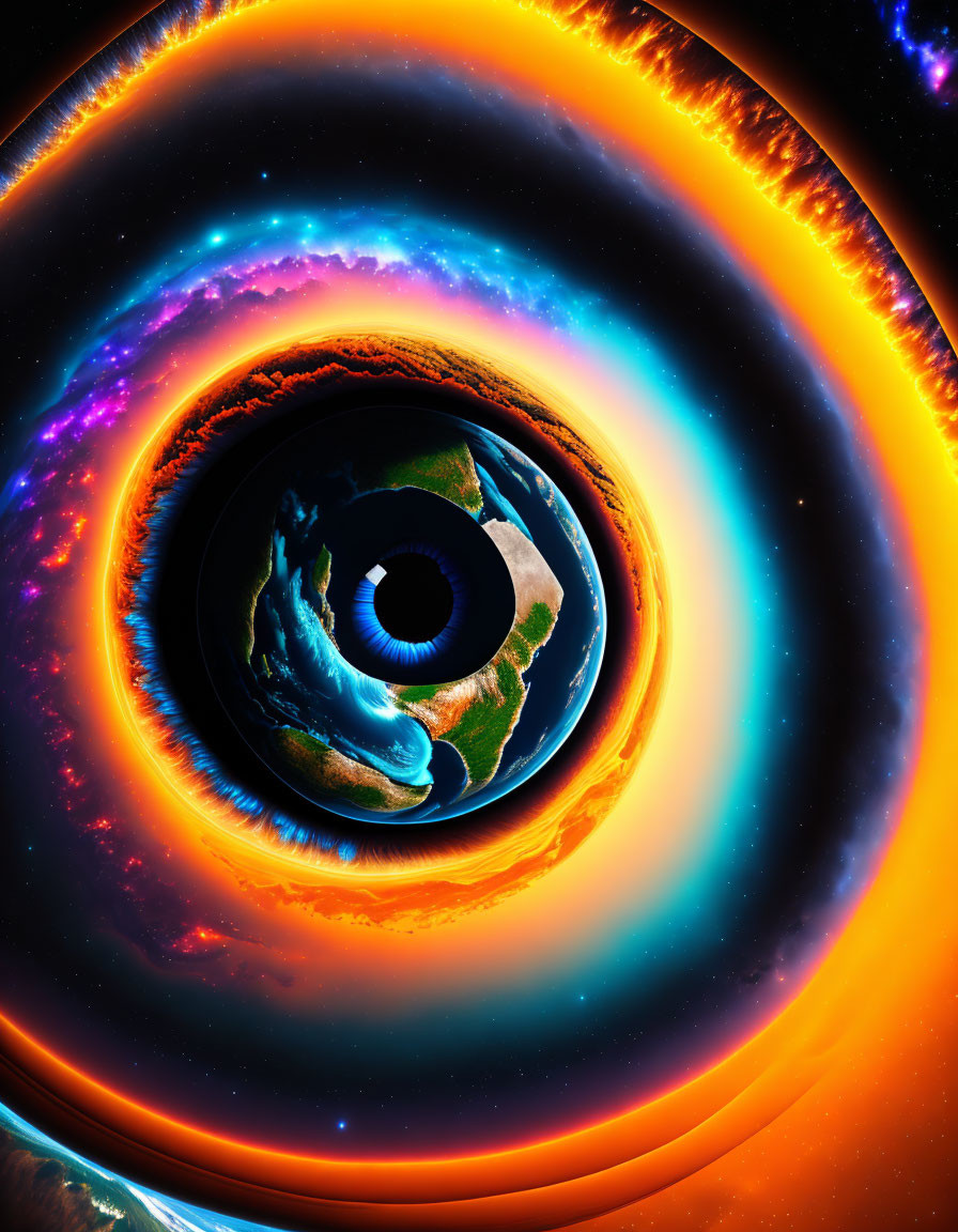 Surreal Earth transformed into giant eye with fiery rings