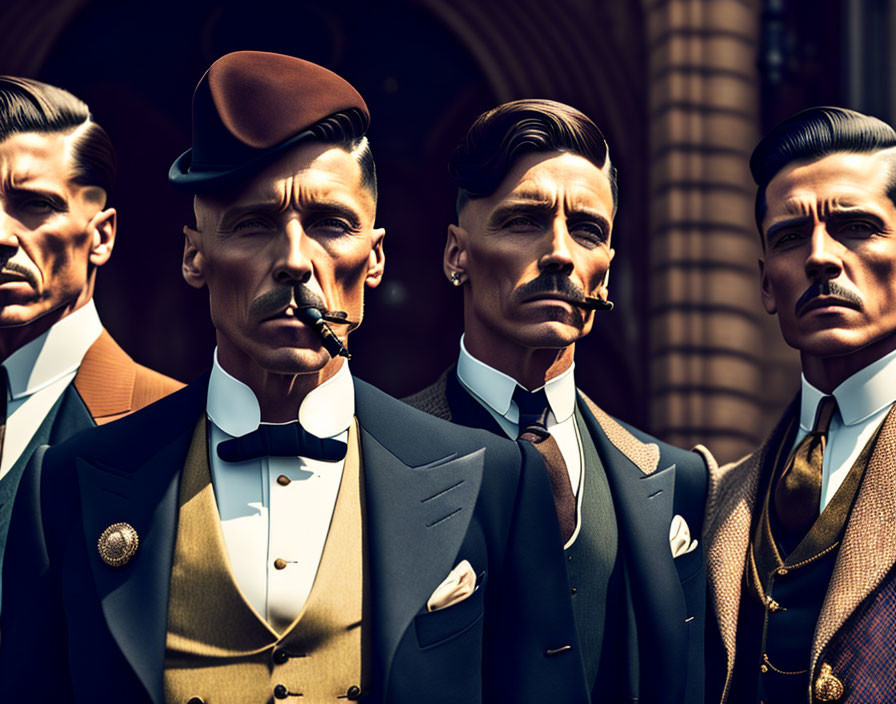 Vintage Men in Suits and Hats Posing with Cigars