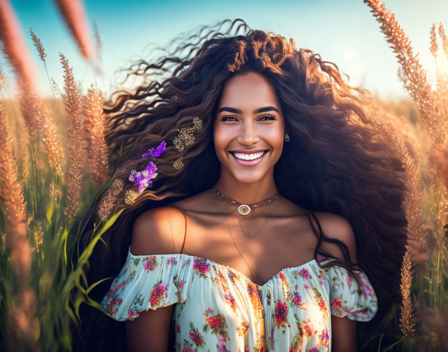 Curly-haired woman in floral top poses in sunny grass field