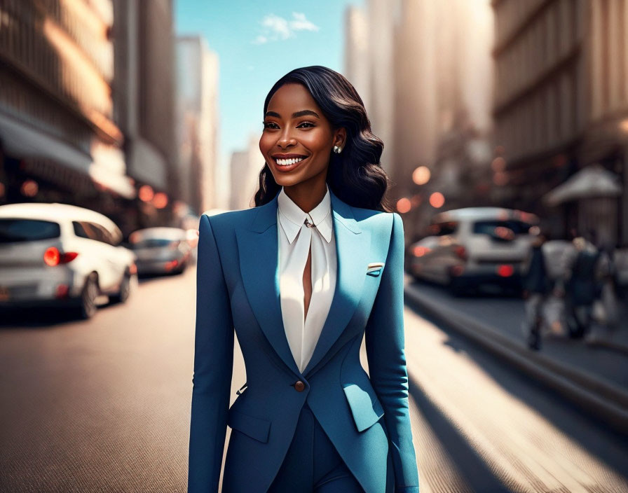 Confident woman in blue suit smiling on bustling city street