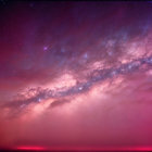 Stunning astronomical photograph of meteor, Milky Way, and stars in pink and purple sky