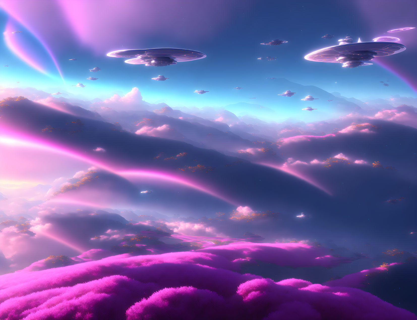 Surreal landscape with pink clouds, purple mountains, and UFOs in dreamlike sky