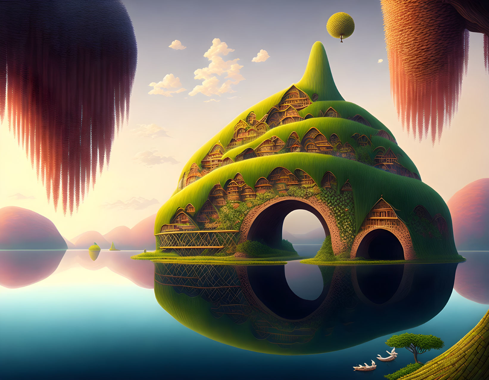 Surreal landscape with green teardrop structure, floating islands, and reflective water