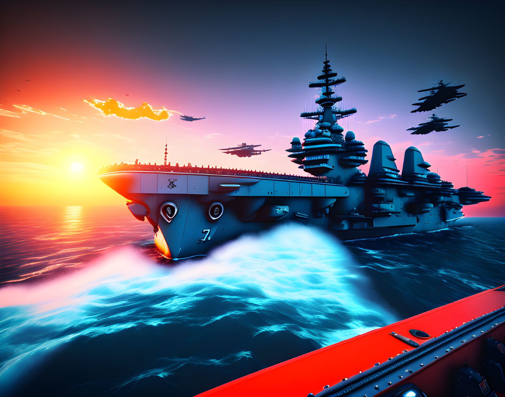 High-speed futuristic battleships at sea with sunset and aircrafts