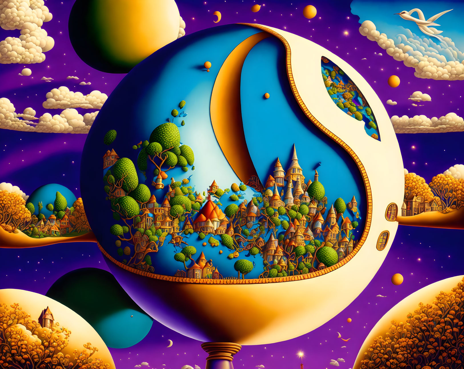 Surreal yin-yang landscape with whimsical elements and celestial backdrop