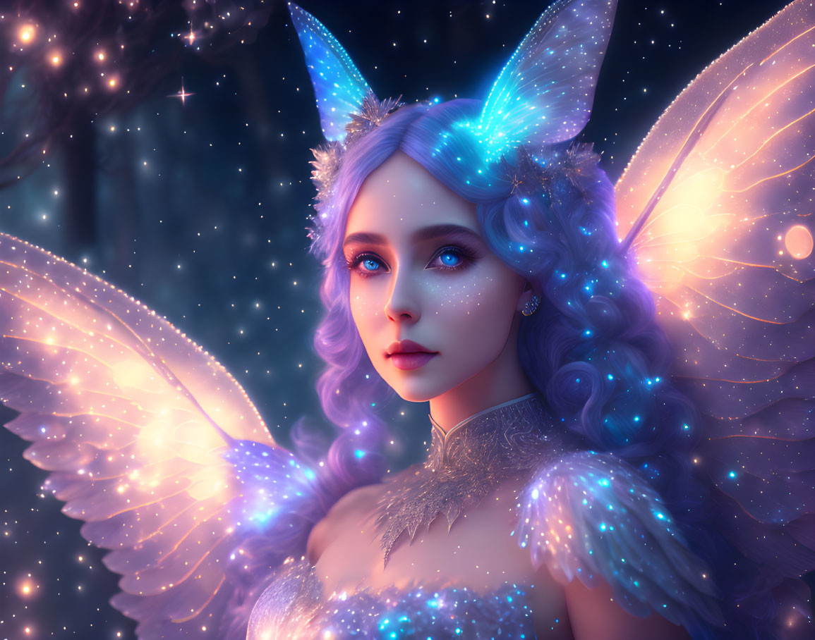 Fantasy portrait of a woman with glowing blue butterfly wings, intricate makeup, and sparkling stars.