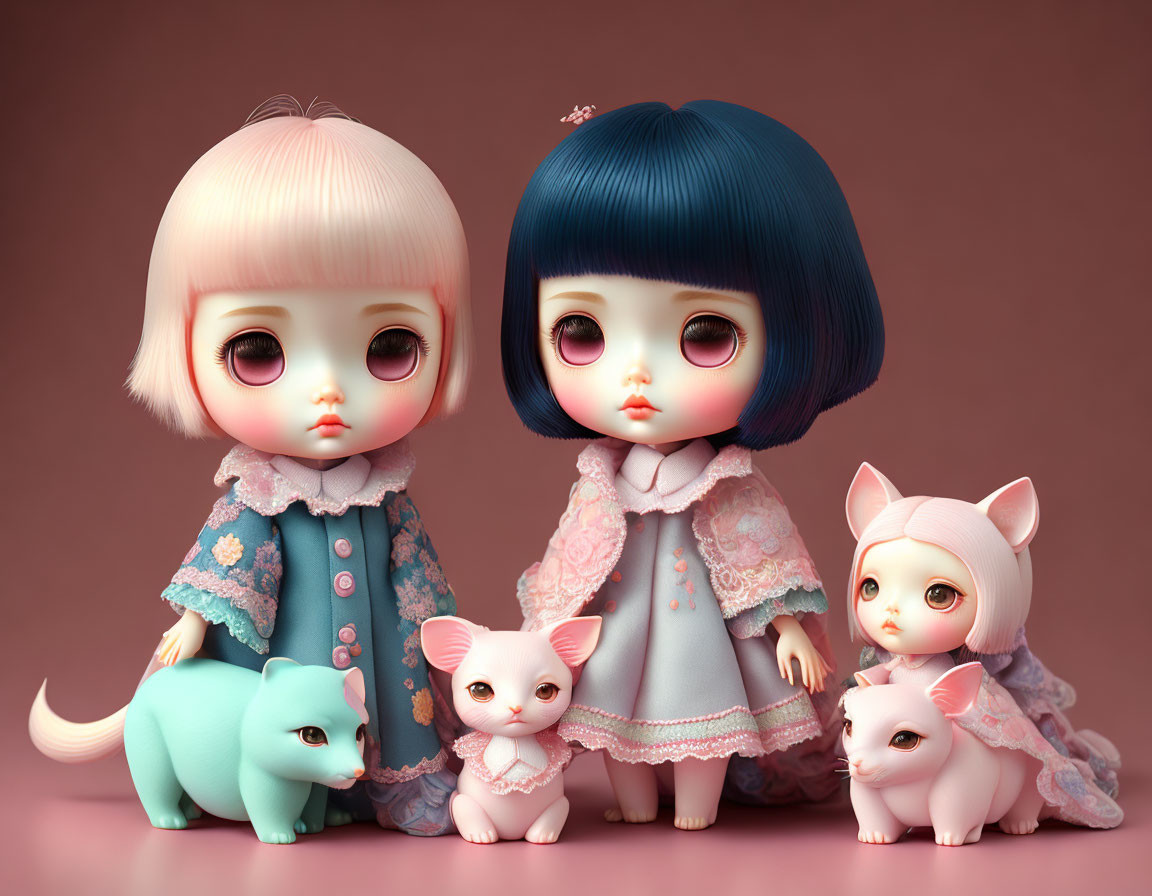 Dolls with large eyes and stylish haircuts, three cats with bows on a soft pink background