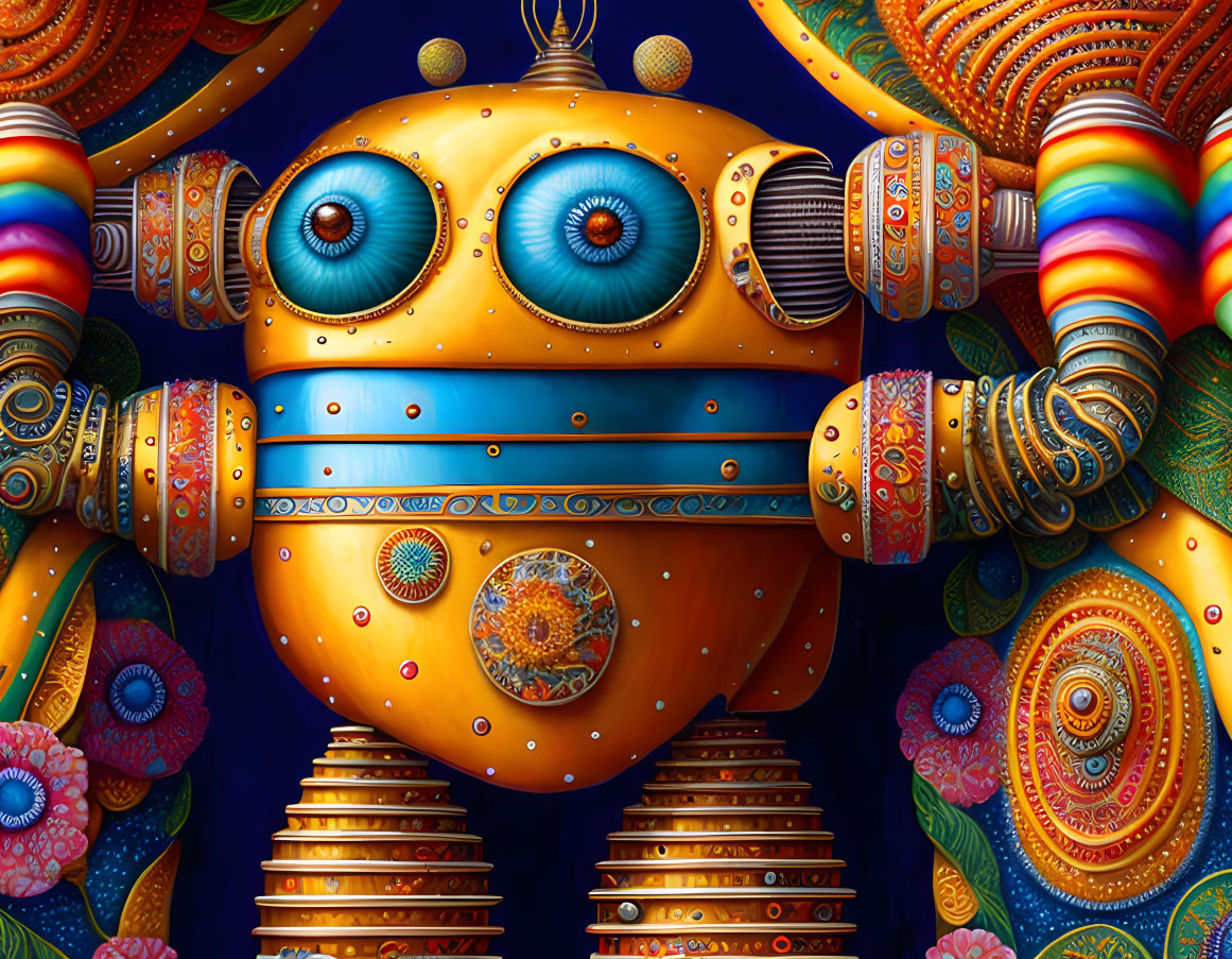 Colorful Ornate Robot on Rich Blue Background