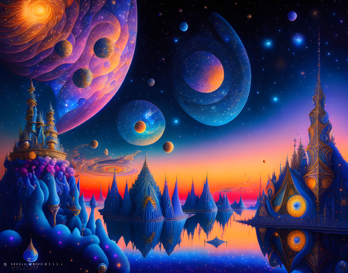 Colorful fantasy landscape with ornate castles, calm waters, and whimsical celestial bodies.