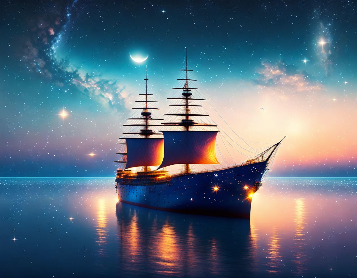 Majestic sailing ship on calm waters under starry night sky