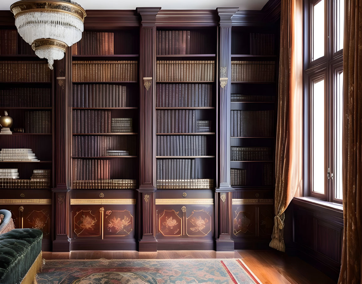 Luxurious Study with Dark Wood Bookshelves, Golden Accents, Grand Window, and Chandelier