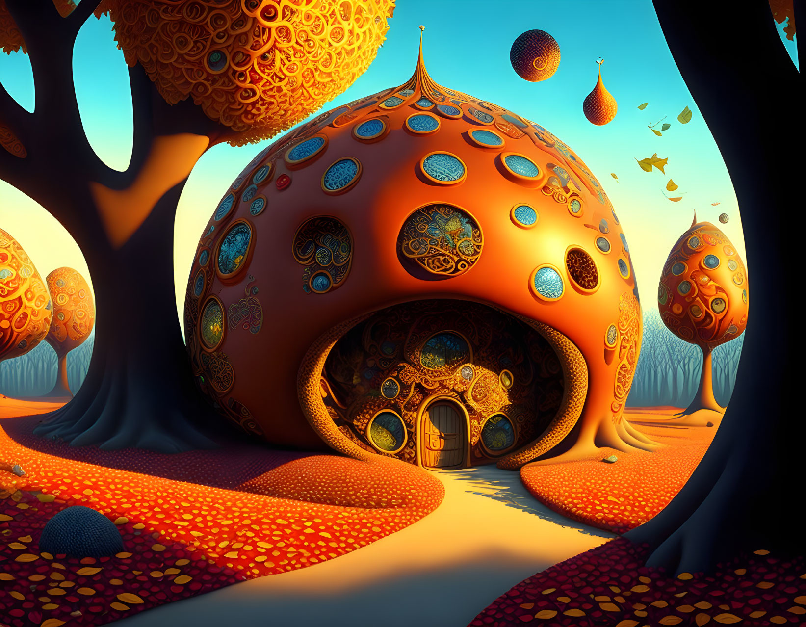 Fantastical orange dome building in golden tree landscape