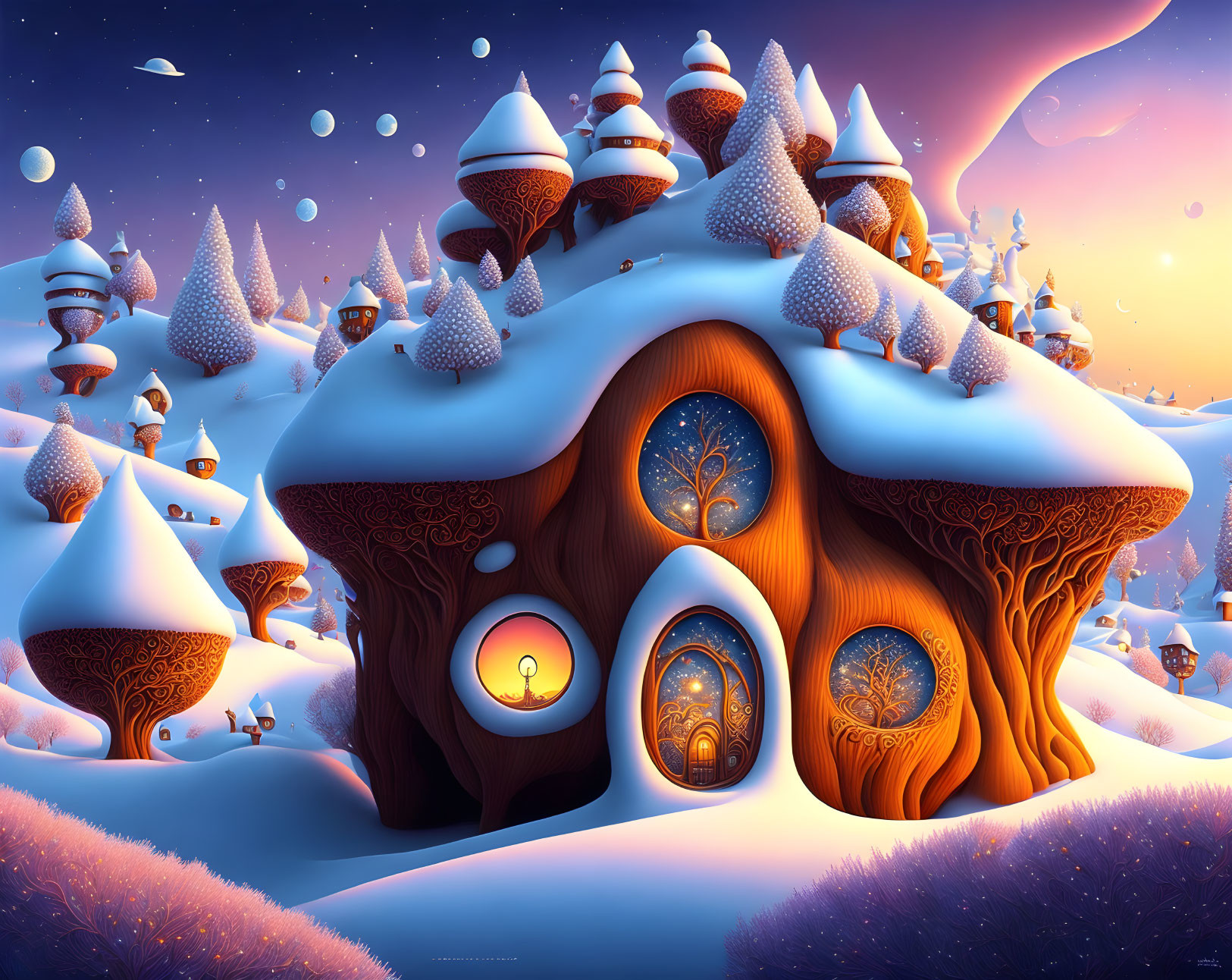 Snow-covered hills and cozy treehouse in whimsical winter scene