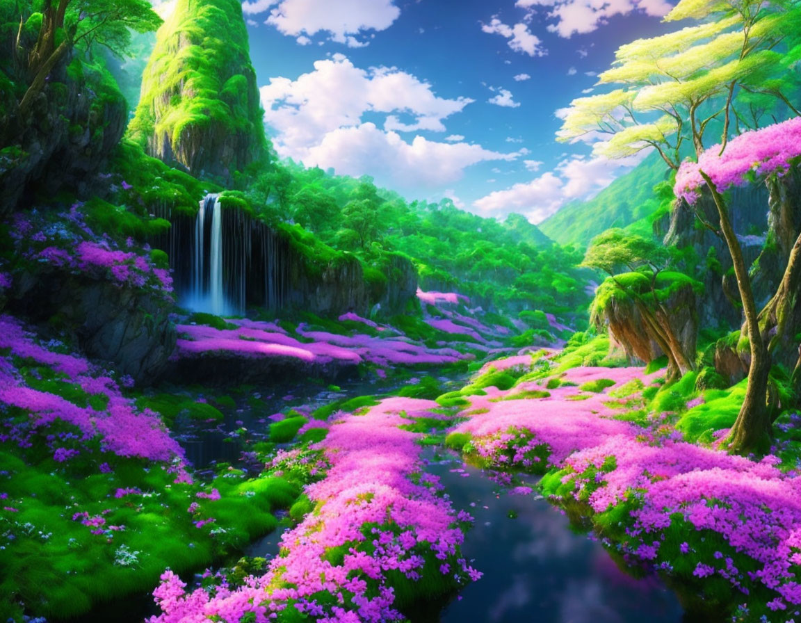 Scenic landscape with waterfall, lush greenery, pink flowers, blue sky