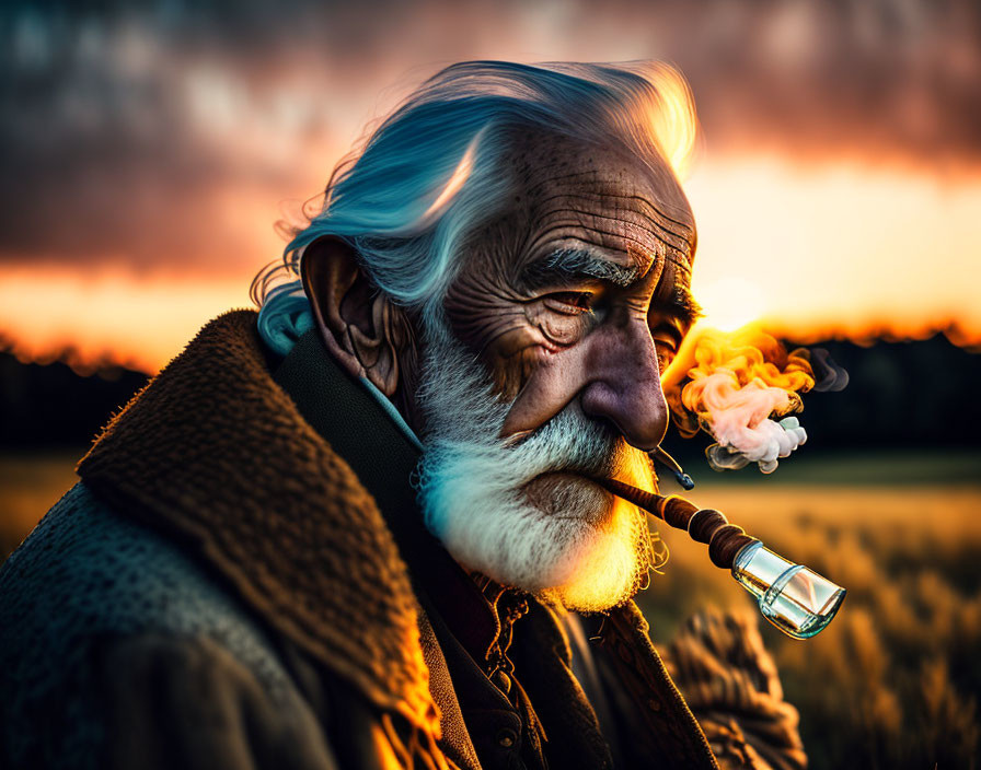 Elderly man with white beard smoking pipe at sunset