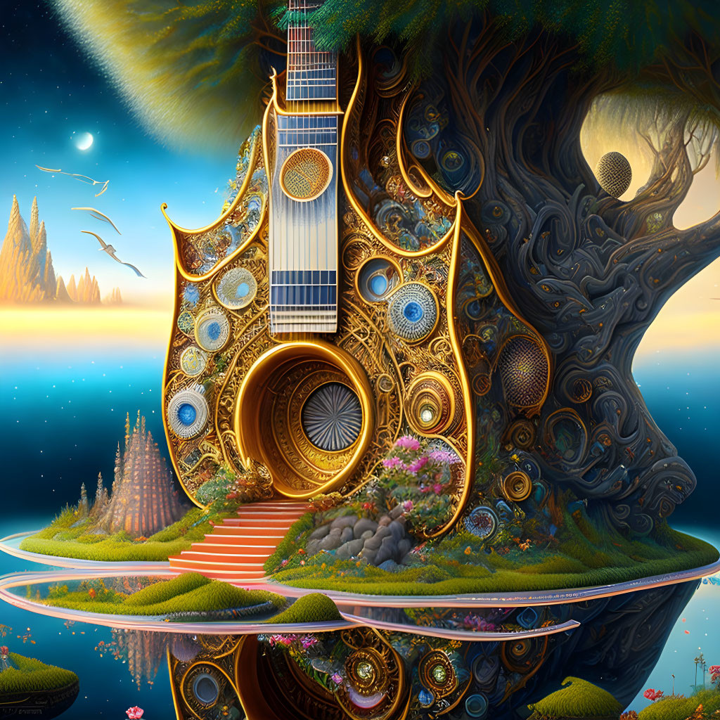 Fantastical landscape with large tree, guitar, water, flora, and patterns