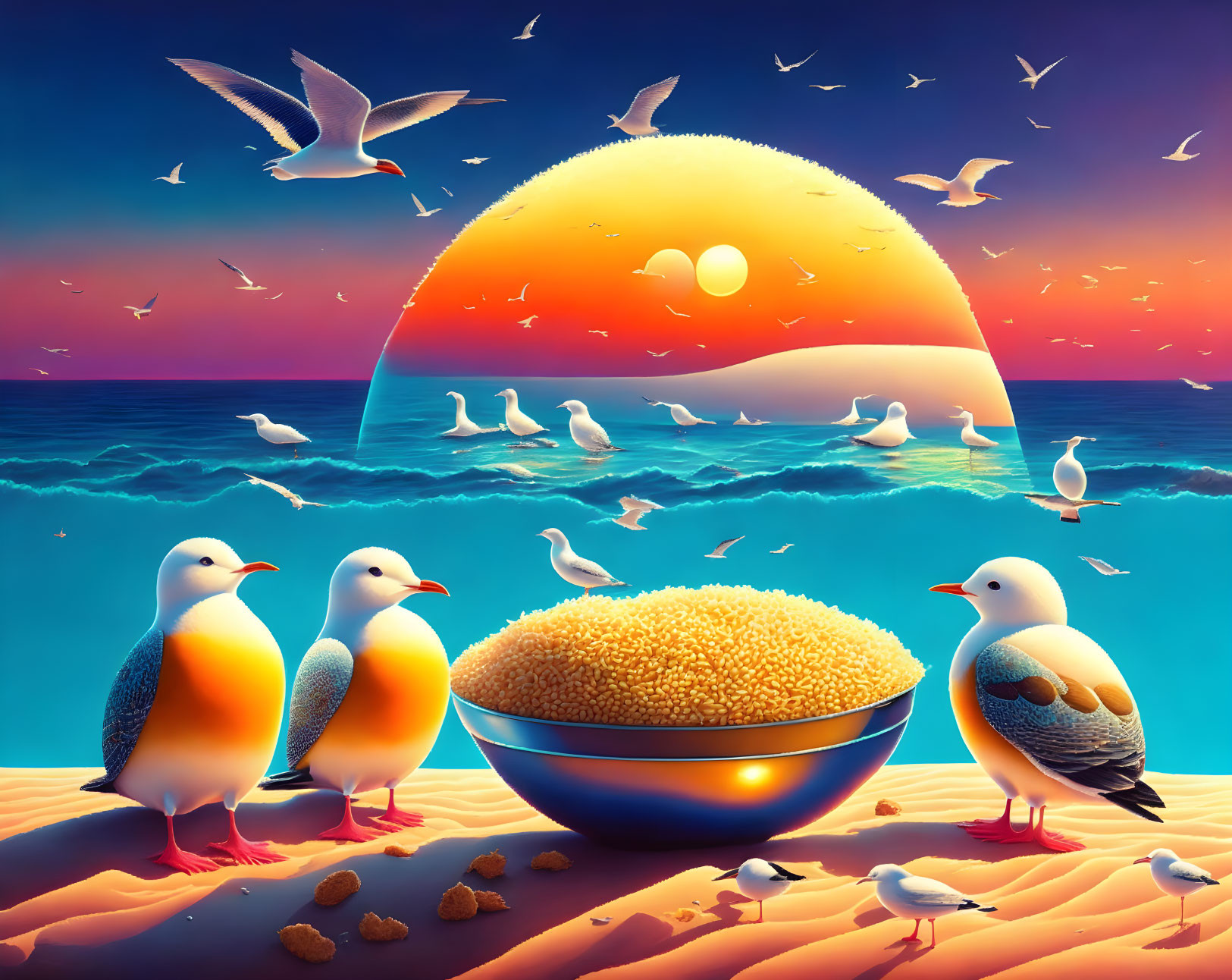 Surreal artwork: Birds and grains on beach at sunset