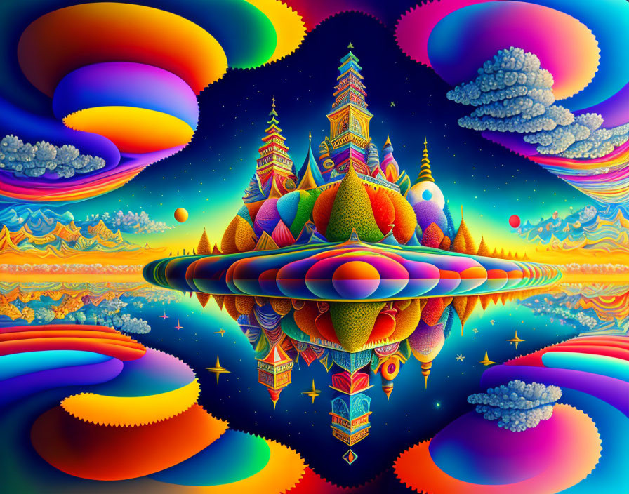 Colorful Psychedelic Landscape with Mirrored Castle and Rippling Platform