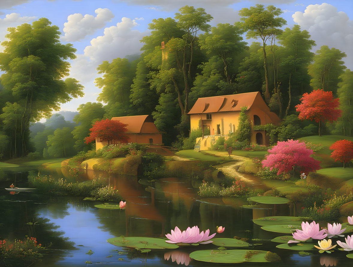 Tranquil lake with lotus flowers, cozy cottages, lush trees, distant tower hill