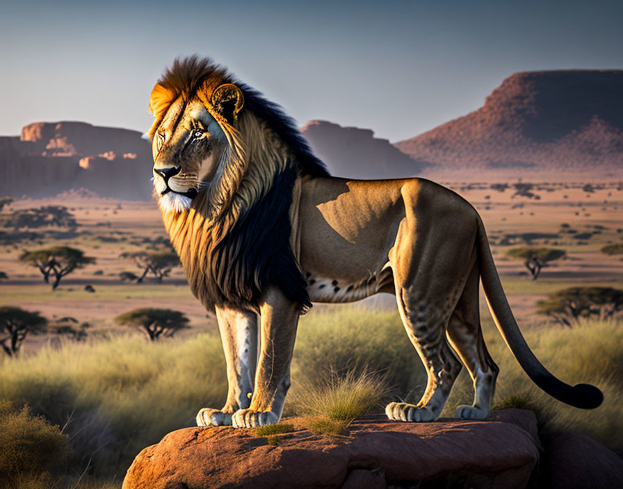 Male lion overlooking savanna from rocky outcrop under clear blue sky