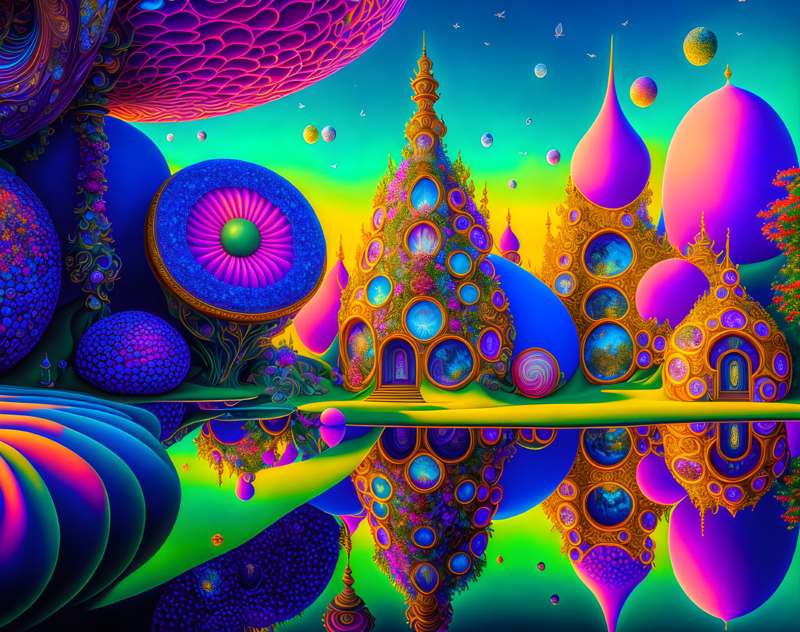 Colorful Psychedelic Landscape with Whimsical Buildings and Starry Sky