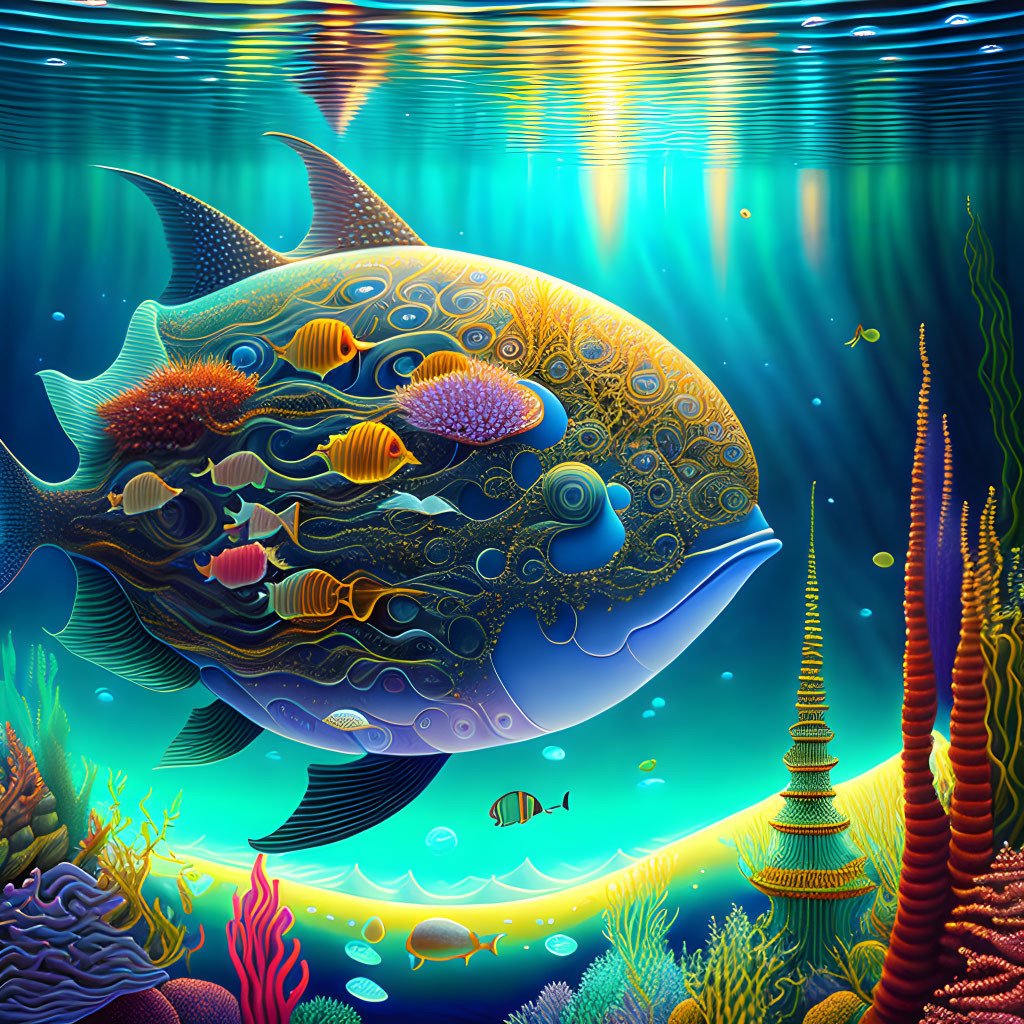 Colorful Coral Reefs with Large Patterned Fish