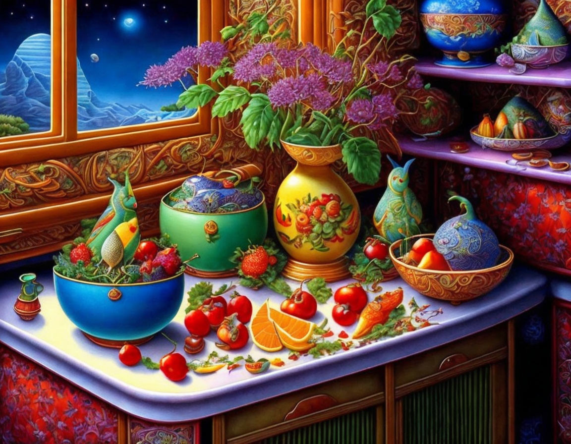 Colorful Still Life Painting with Pottery, Fruits, and Vegetables