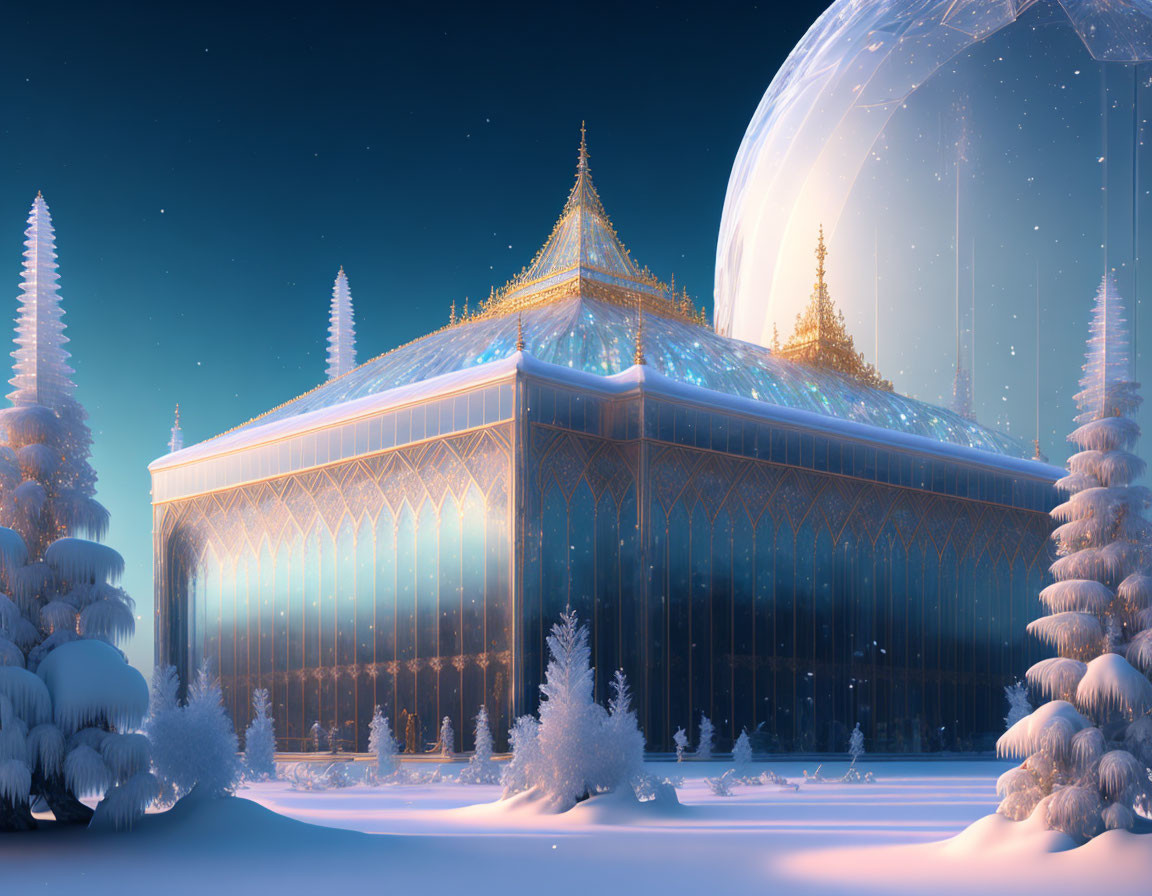 Winter palace with glowing windows under starry sky and translucent dome among snow-laden trees