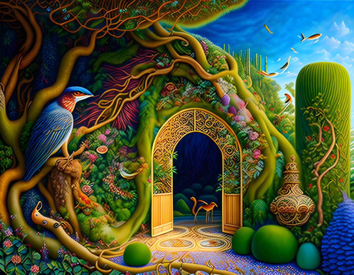 Colorful forest illustration with ornate golden gate and wildlife