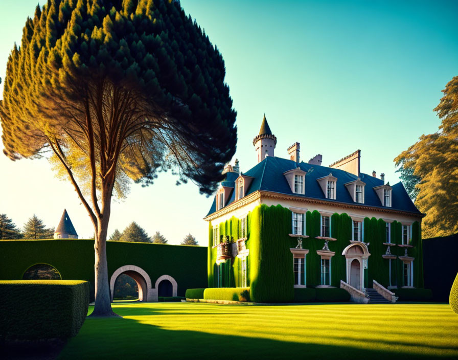 Stately chateau with green shutters, manicured lawn, sculpted hedges, and tall