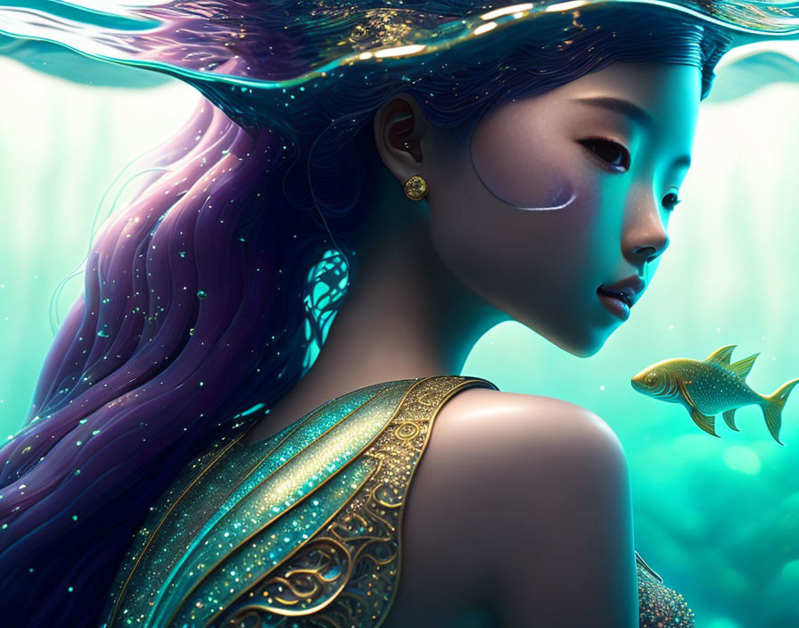 Illustration of a purple-haired mermaid with golden accessories meeting a fish in a greenish-blue lit