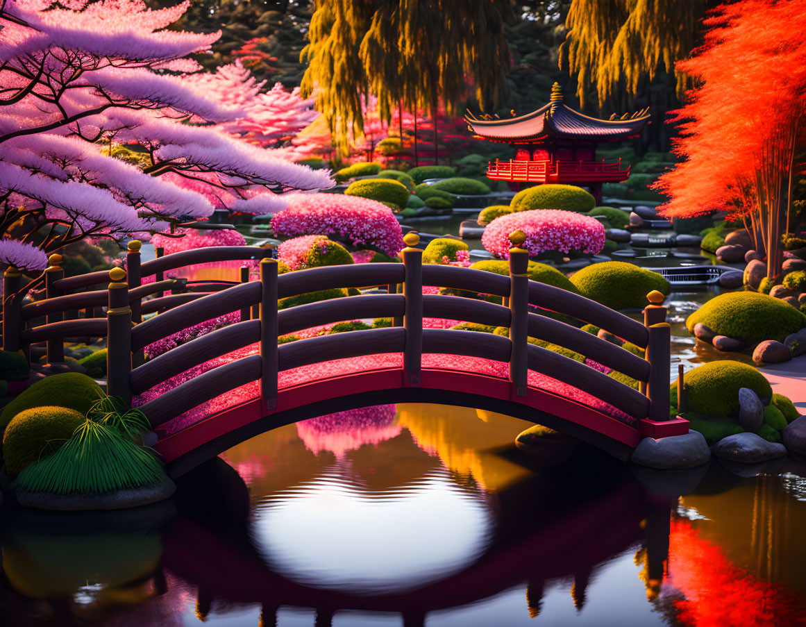 Tranquil Japanese Garden with Red Bridge and Pavilion