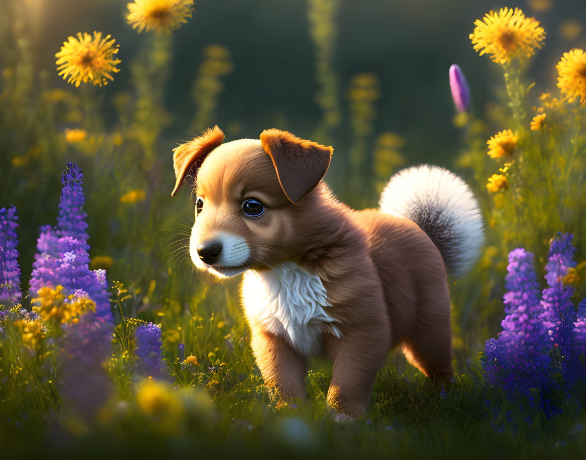 Fluffy puppy in purple flower field under sunlight